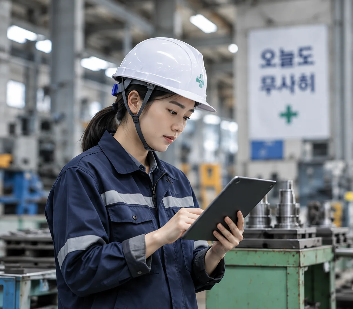 태블릿으로 안전 정보를 확인하는 현장 근로자