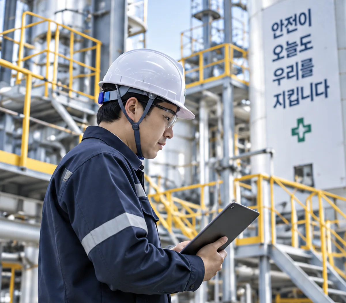 태블릿으로 플랜트 현장을 점검하는 안전관리자